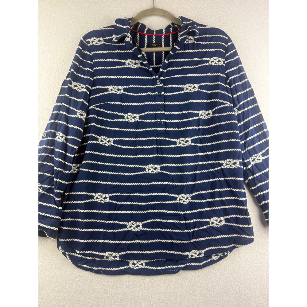 Talbots Petite Navy Blue Nautical Rope Print Blouse Anchor Button Top MP Rayon